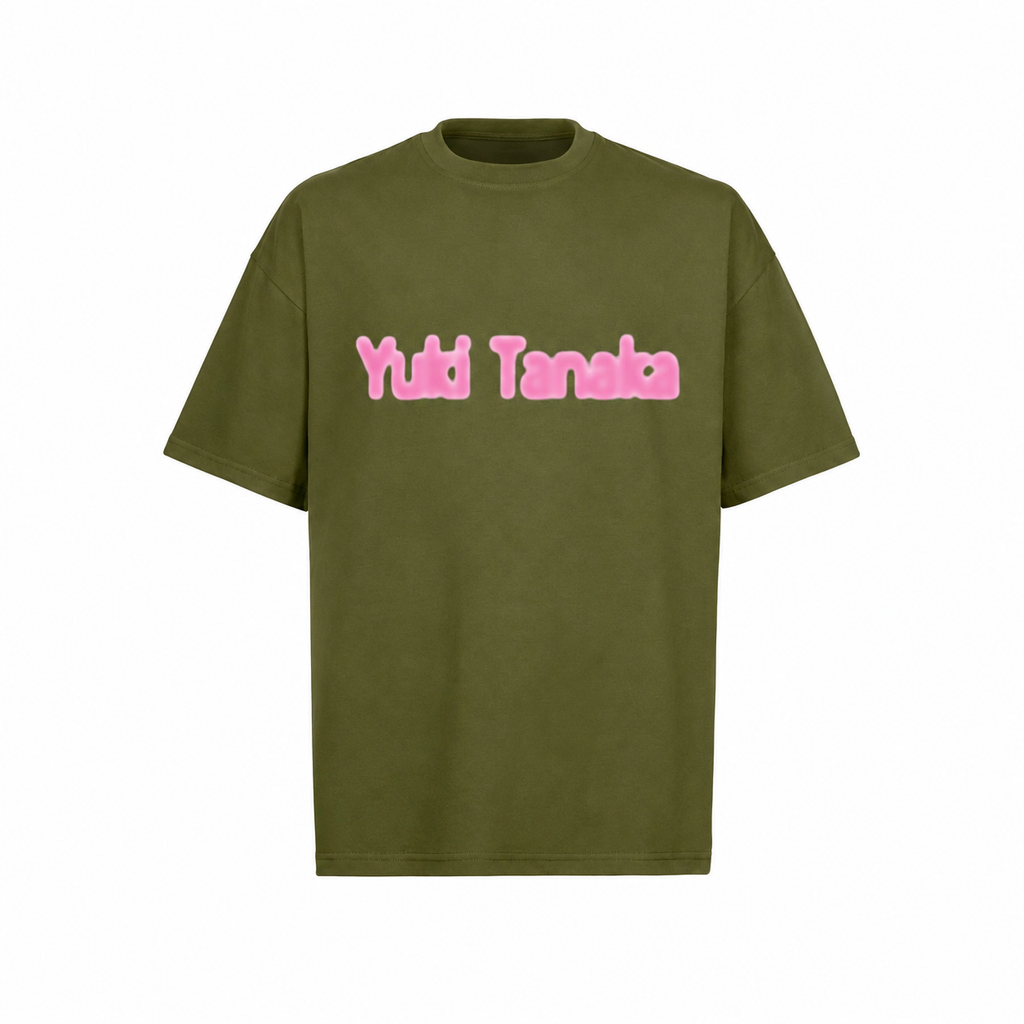 Olive green oversized T-shirt with a blurred graphic