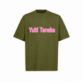 Olive green oversized T-shirt with a blurred graphic
