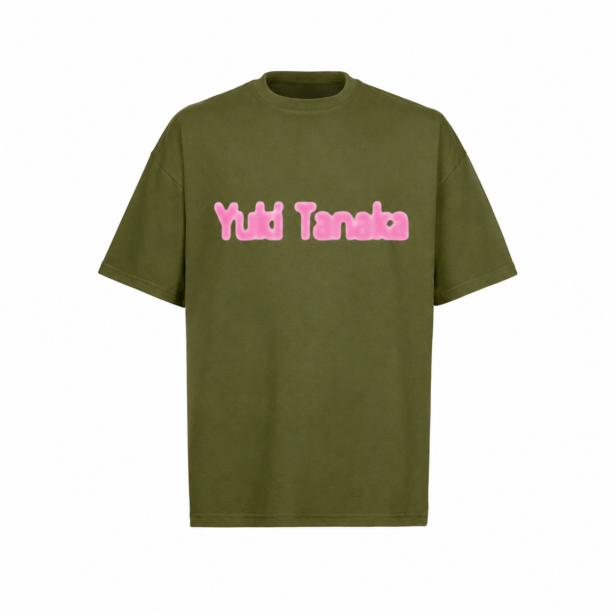 Olive green oversized T-shirt with a blurred graphic