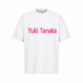 White oversized T-shirt with a blurred pink graphic