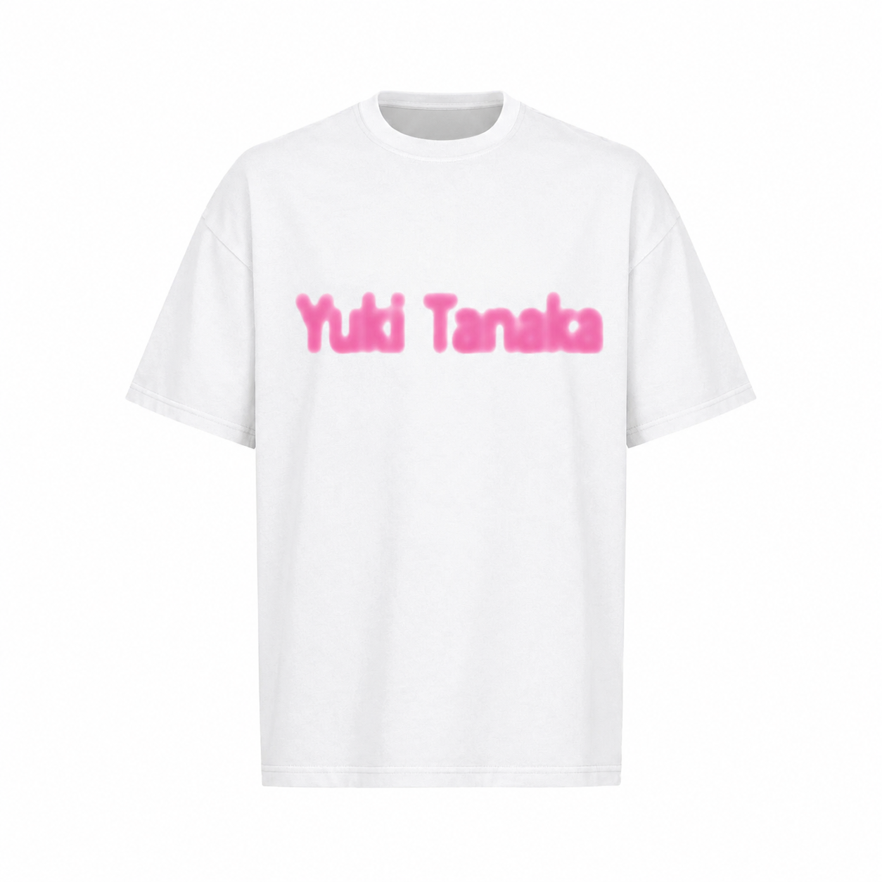 White oversized T-shirt with a blurred pink graphic