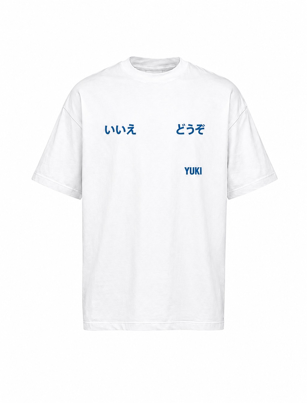 White oversized t-shirt with blue Japanese typographic