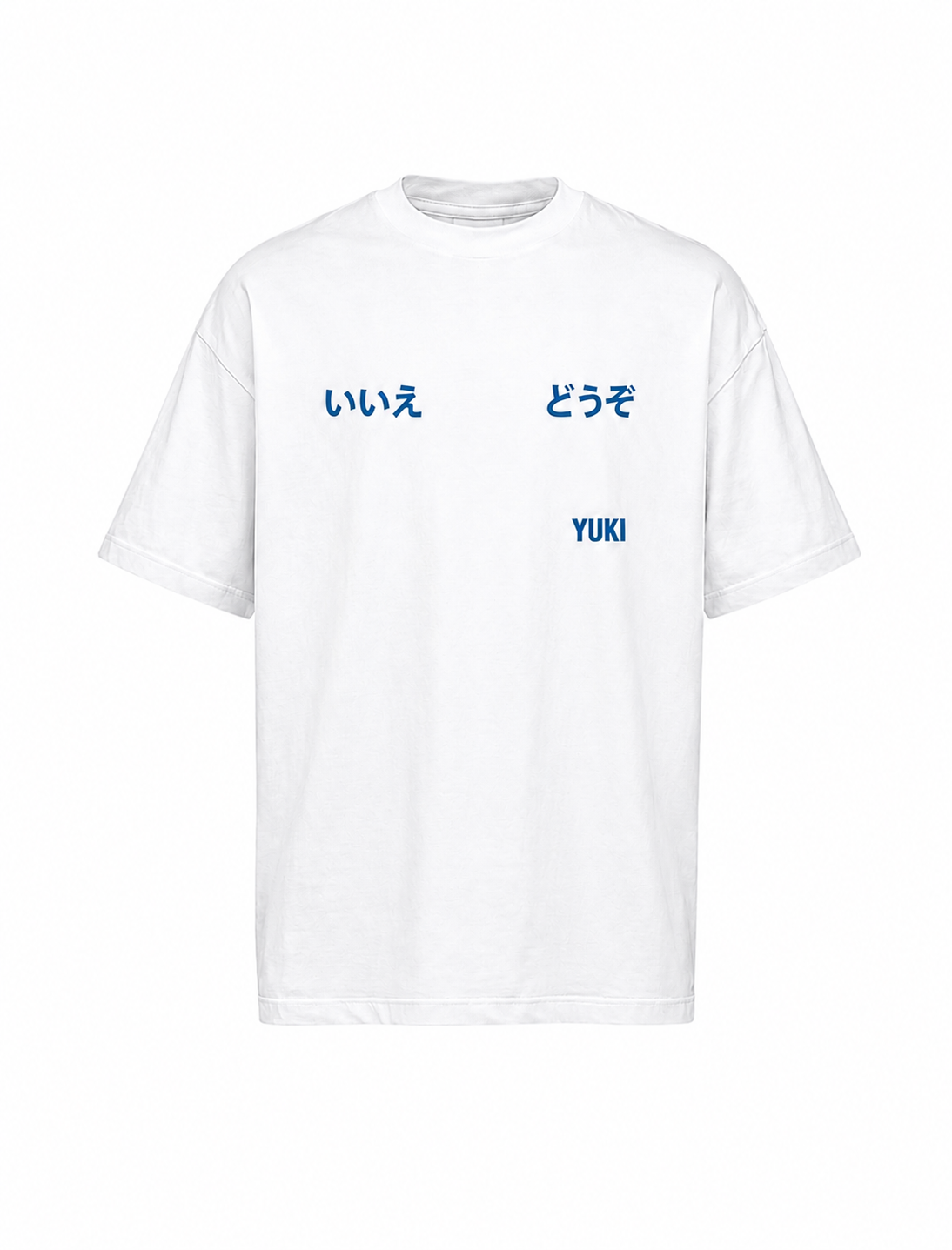 White oversized t-shirt with blue Japanese typographic