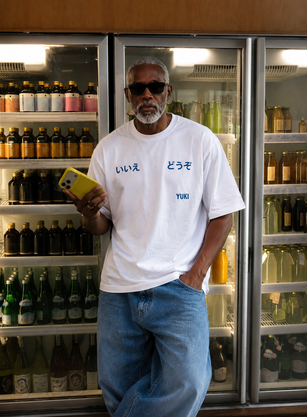 White oversized t-shirt with blue Japanese typographic