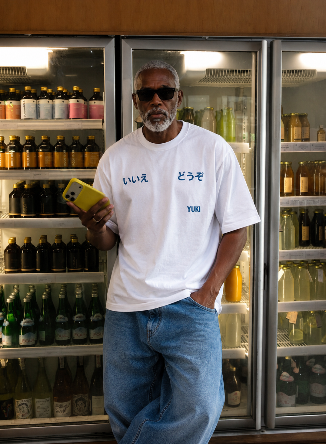 White oversized t-shirt with blue Japanese typographic