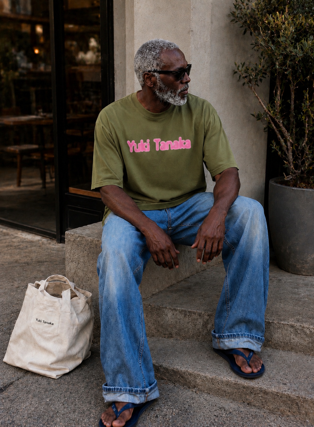 Olive green oversized T-shirt with a blurred graphic